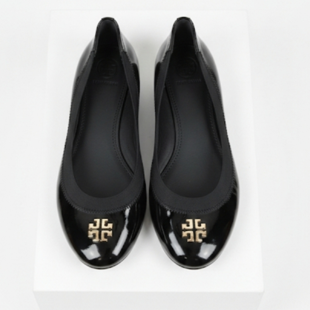 Tory Burch Jolie Scrunch Ballet Flats 8.5 M Black Elastic Shiney Toe Gold Logo